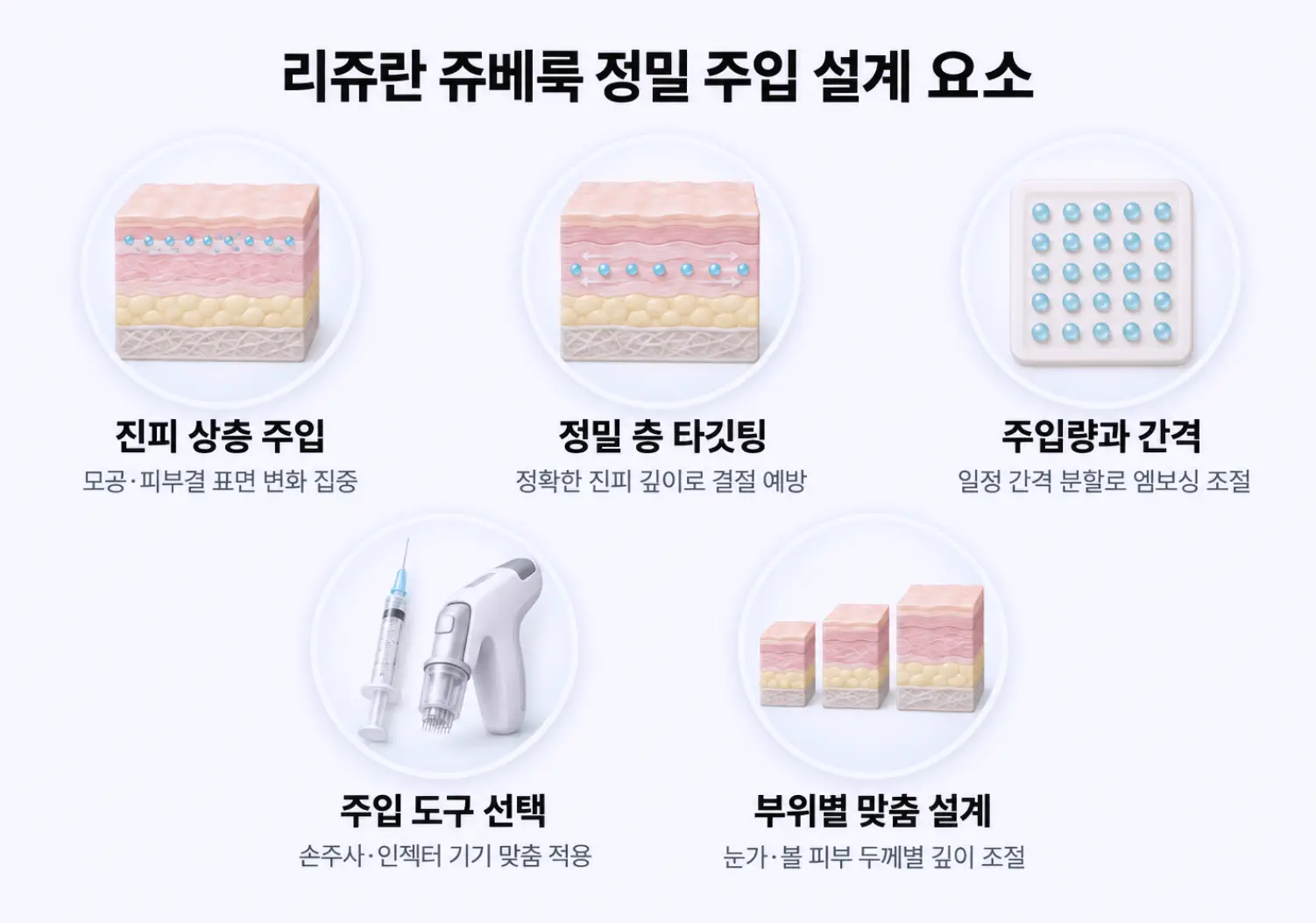 진피 상층 주입, 정밀 층 타깃팅, 주입 간격 분할, 손주사와 인젝터 도구 선택, 부위별 피부 두께 설계를 정리한 리쥬란 쥬베룩 정밀 주입 도식