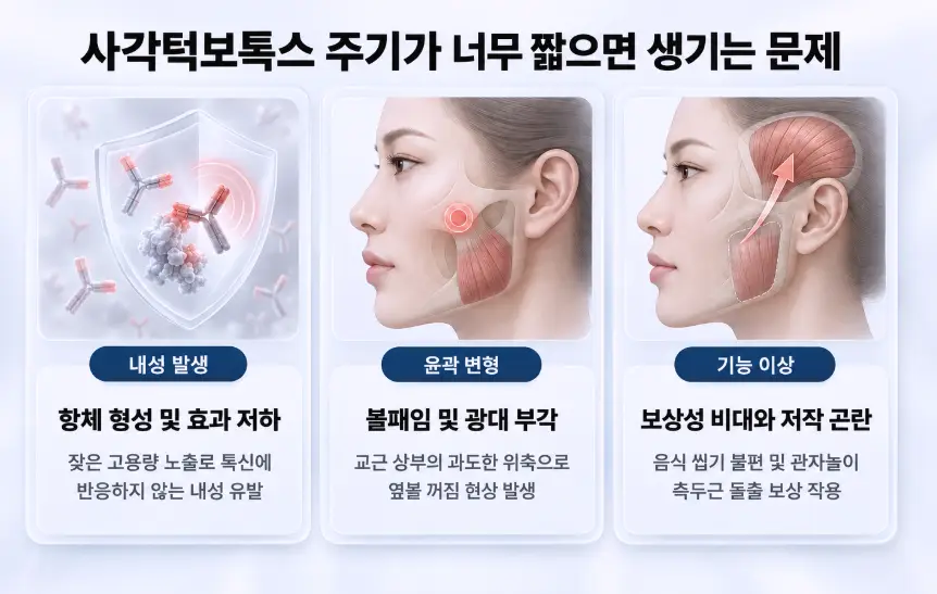 사각턱보톡스 주기를 너무 짧게 잡을 경우 발생하는 내성 형성, 볼패임 윤곽 변형, 측두근 보상성 비대 부작용 모식도