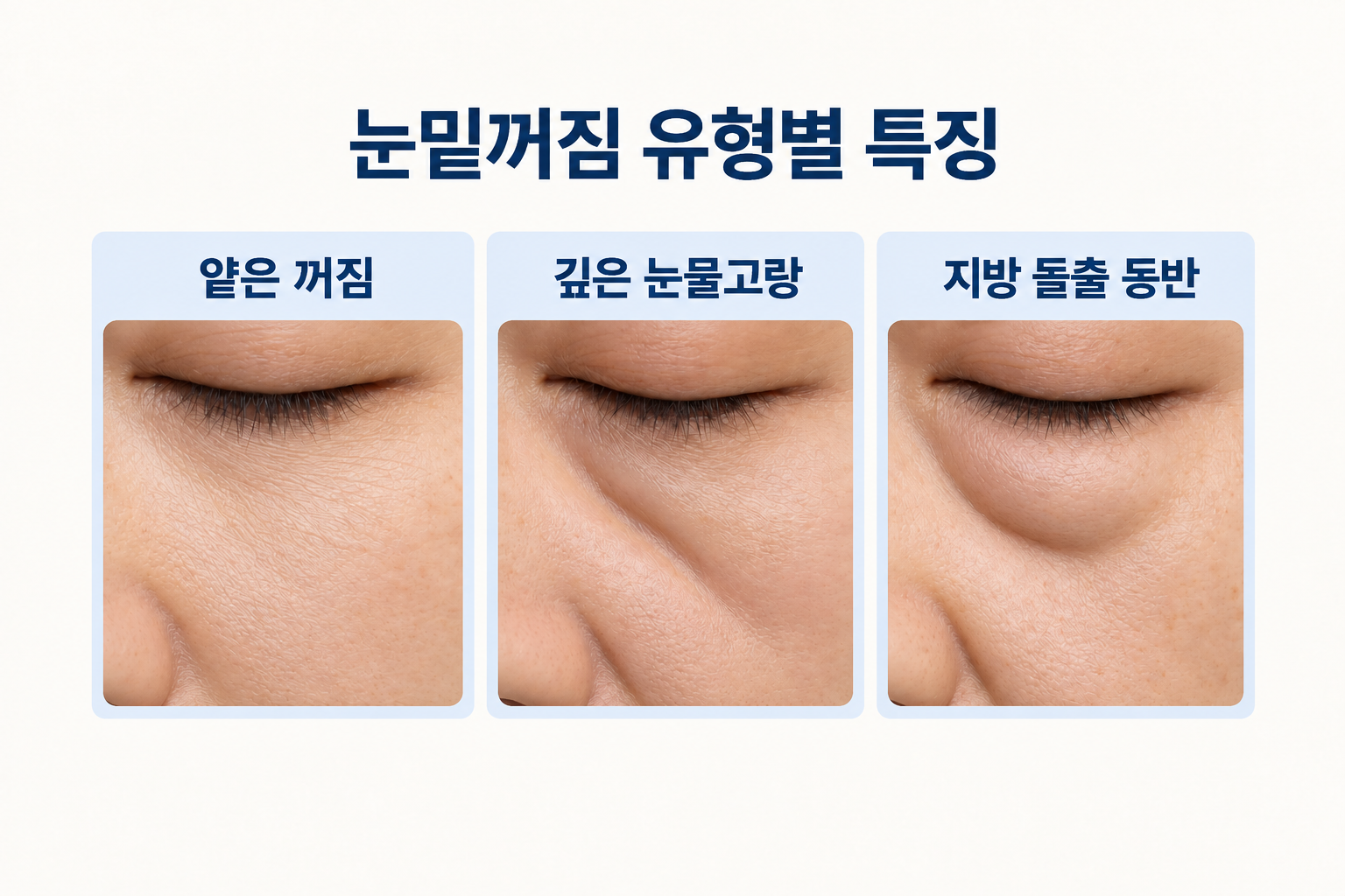 눈밑꺼짐 유형을 얕은 꺼짐, 깊은 눈물고랑, 지방 돌출 동반으로 구분해 실제 눈밑 피부 상태를 비교한 이미지