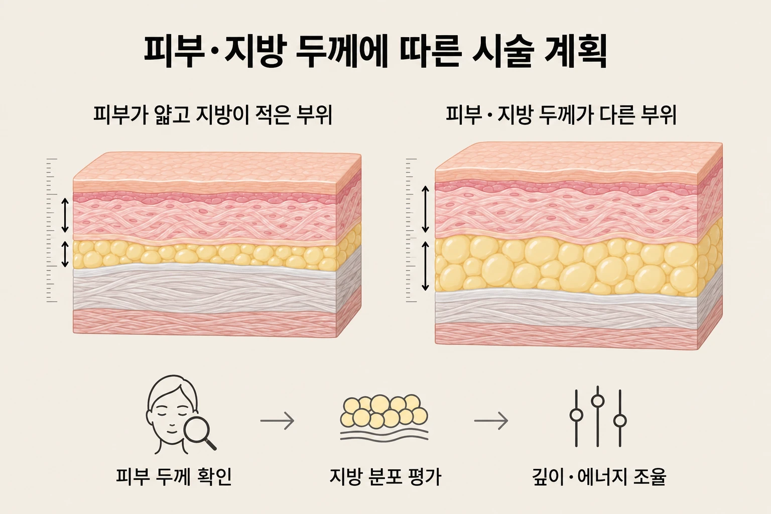 피부와 지방층 두께 차이를 비교하고 초음파 시술 계획의 평가 항목을 정리한 이미지