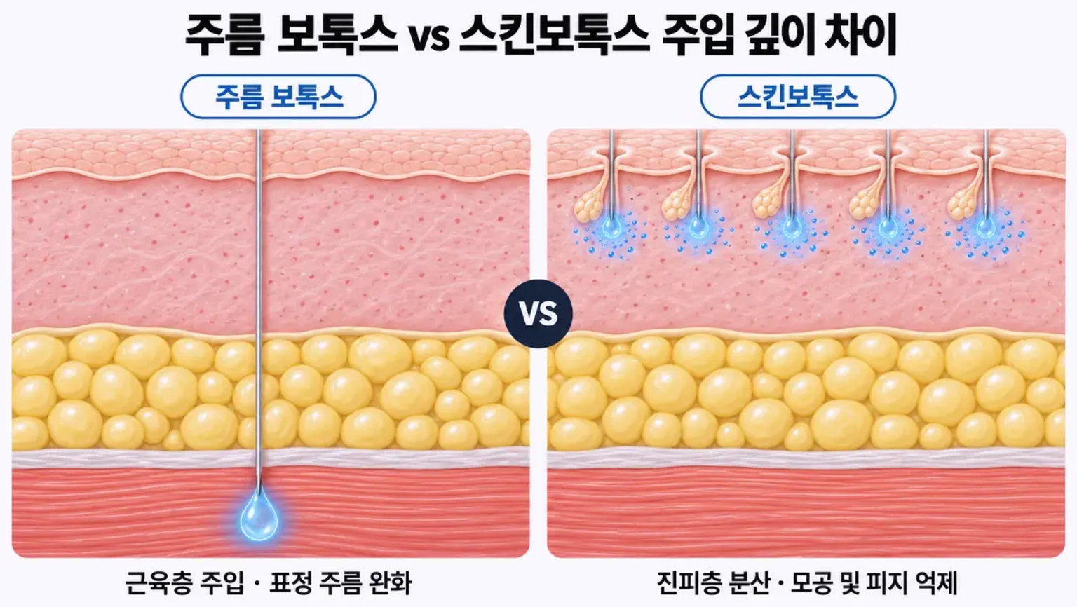 주름 보톡스는 근육층에 깊게 주입하고 스킨보톡스는 진피층에 얕게 주입하는 피부 단면 비교