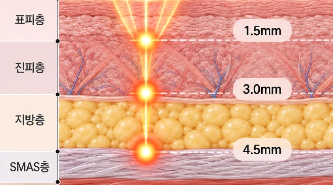 1.5·3.0·4.5mm 깊이에 따른 초음파 리프팅의 피부 작용층