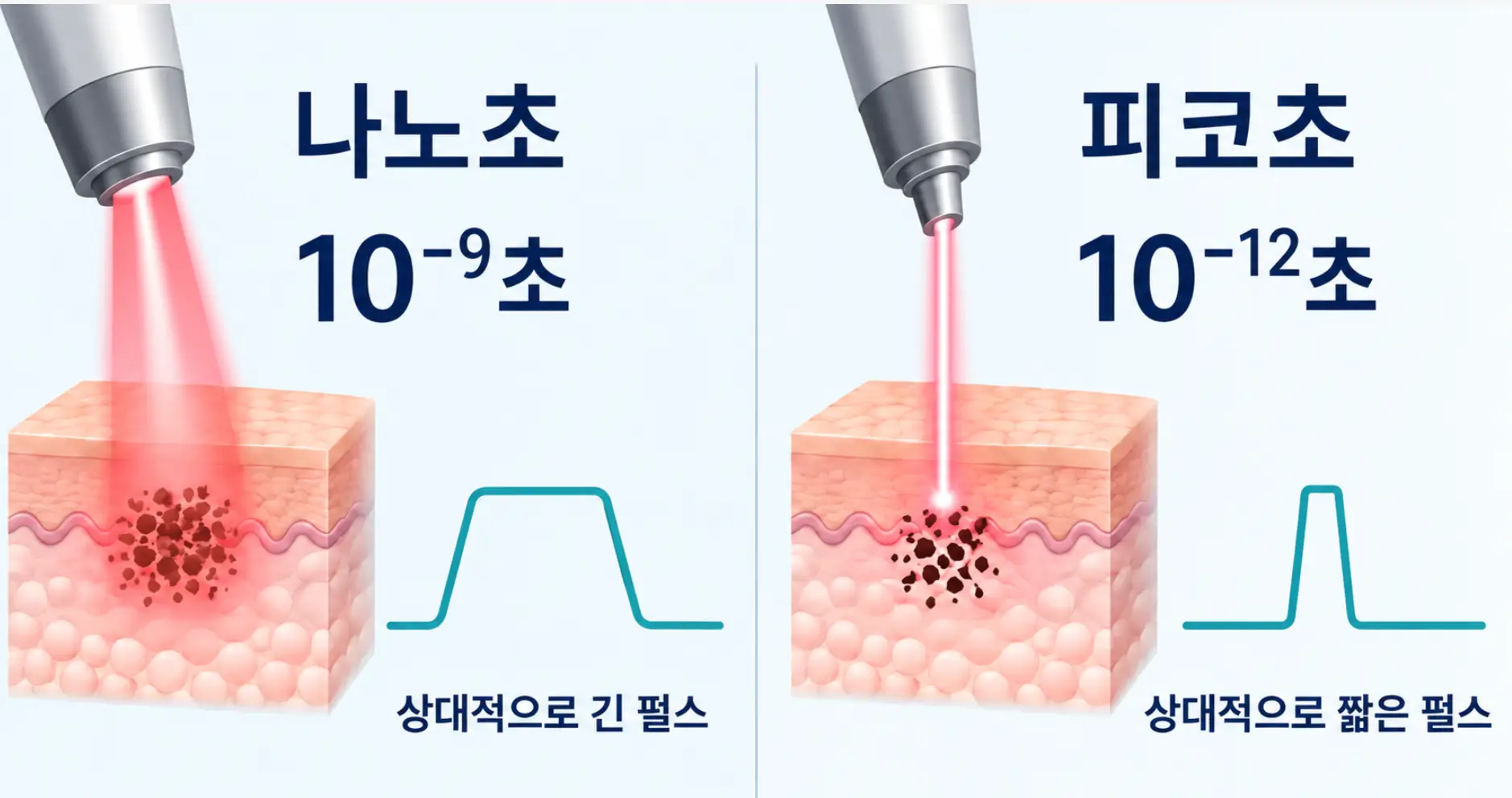 나노초와 피코초의 시간 단위 및 상대적인 펄스 지속시간을 비교한 도식