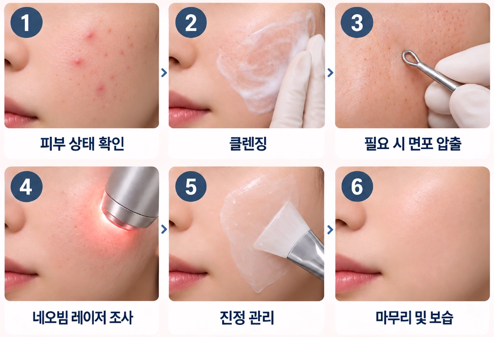 피부 상태 확인부터 클렌징, 필요한 경우 면포 압출, 네오빔 레이저 조사, 진정 관리, 마무리 및 보습까지 네오빔 6단계 시술 과정을 나타낸 이미지