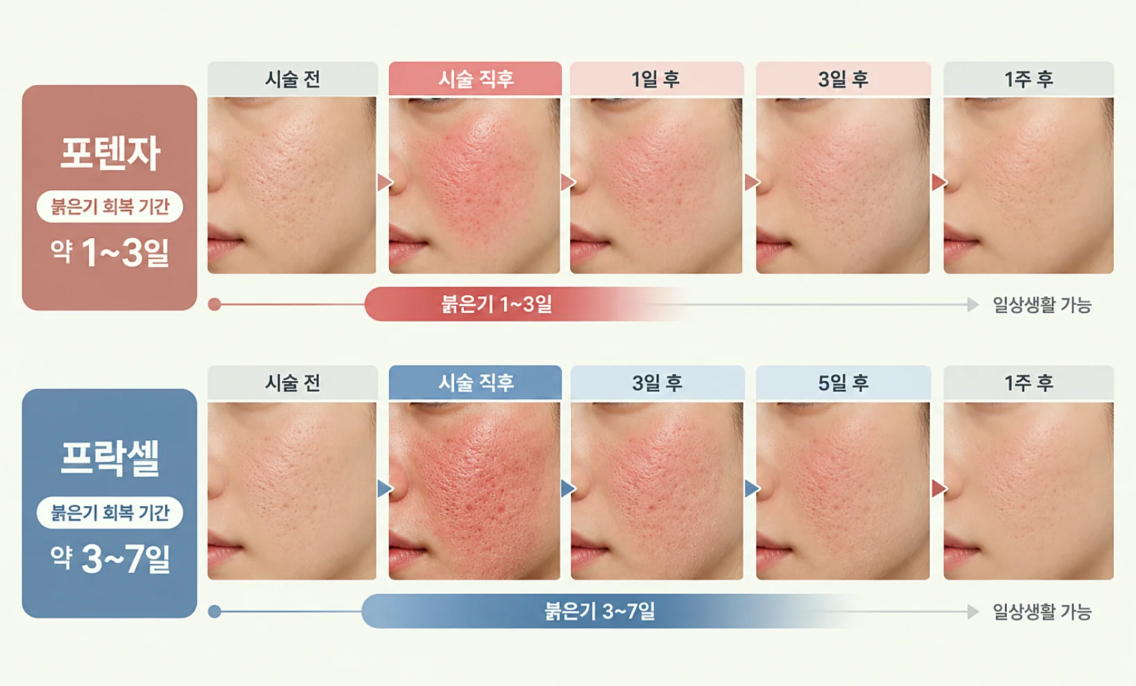 포텐자 프락셀 다운타임 및 붉은기 회복 기간 비교 타임라인