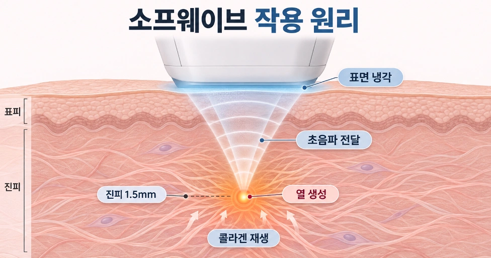 진피 1.5mm에 열을 형성해 콜라겐 재생을 유도하는 소프웨이브 작용 원리