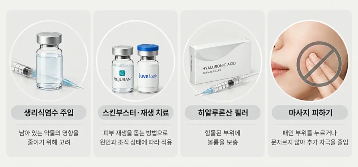 패임의 발생 시점과 함몰 정도에 따라 생리식염수 주입 등을 고려할 수 있다는 점을 나타내는 이미지