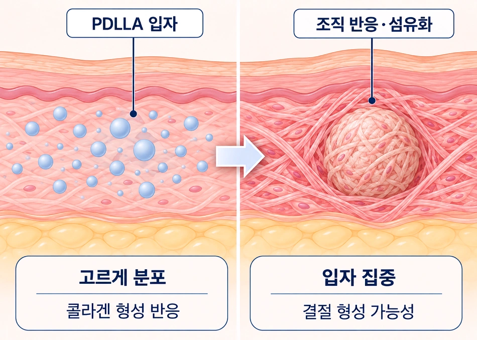 쥬베룩 PDLLA 입자가 피부 진피층에 고르게 분포된 경우와 특정 부위에 집중되어 결절이 형성될 가능성을 비교한 피부 단면도