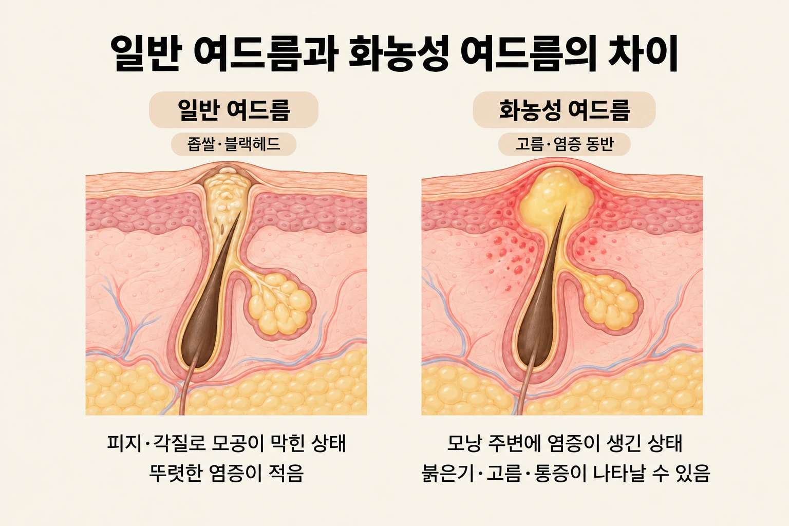 모공이 막힌 일반 여드름과 고름·염증이 생긴 화농성 여드름의 피부 속 단면 비교