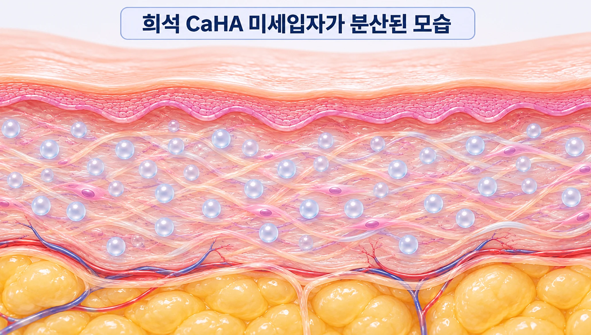 얇은 목 피부 아래에 희석 CaHA 미세입자가 고르게 분산된 모습을 확대해 나타낸 일러스트