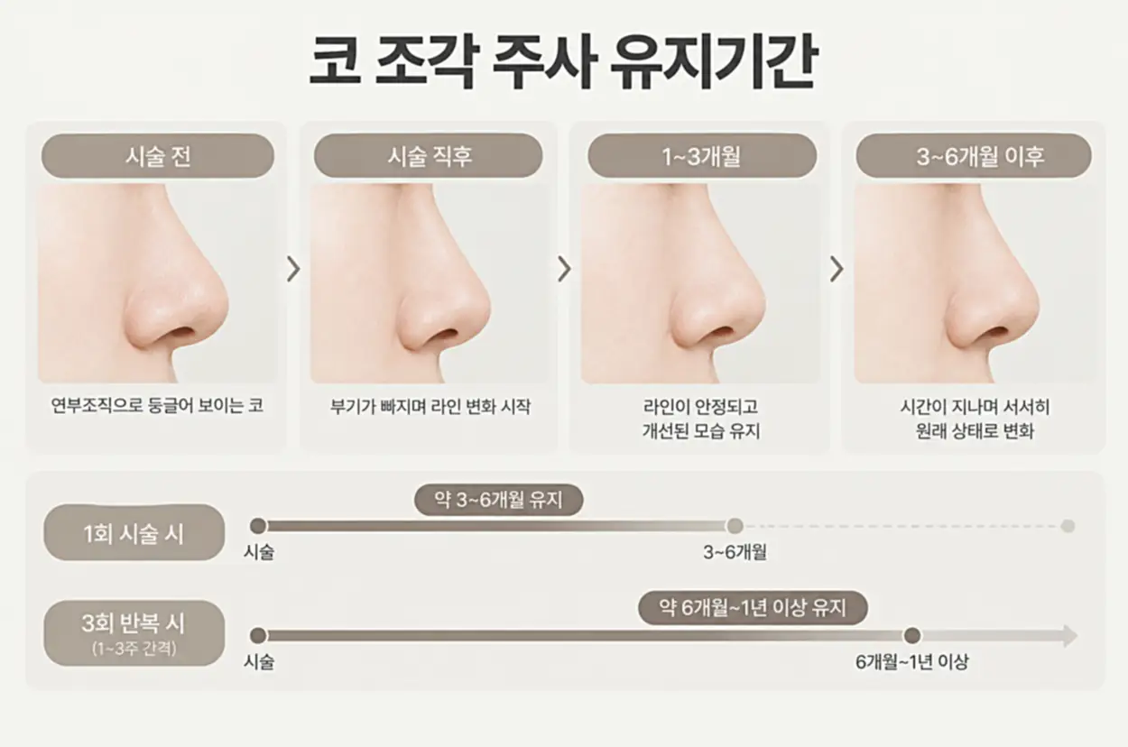 코 조각 주사 1회와 3회 반복 시술에 따른 유지기간 차이를 코 모양 변화와 시간 흐름으로 비교한 인포그래픽