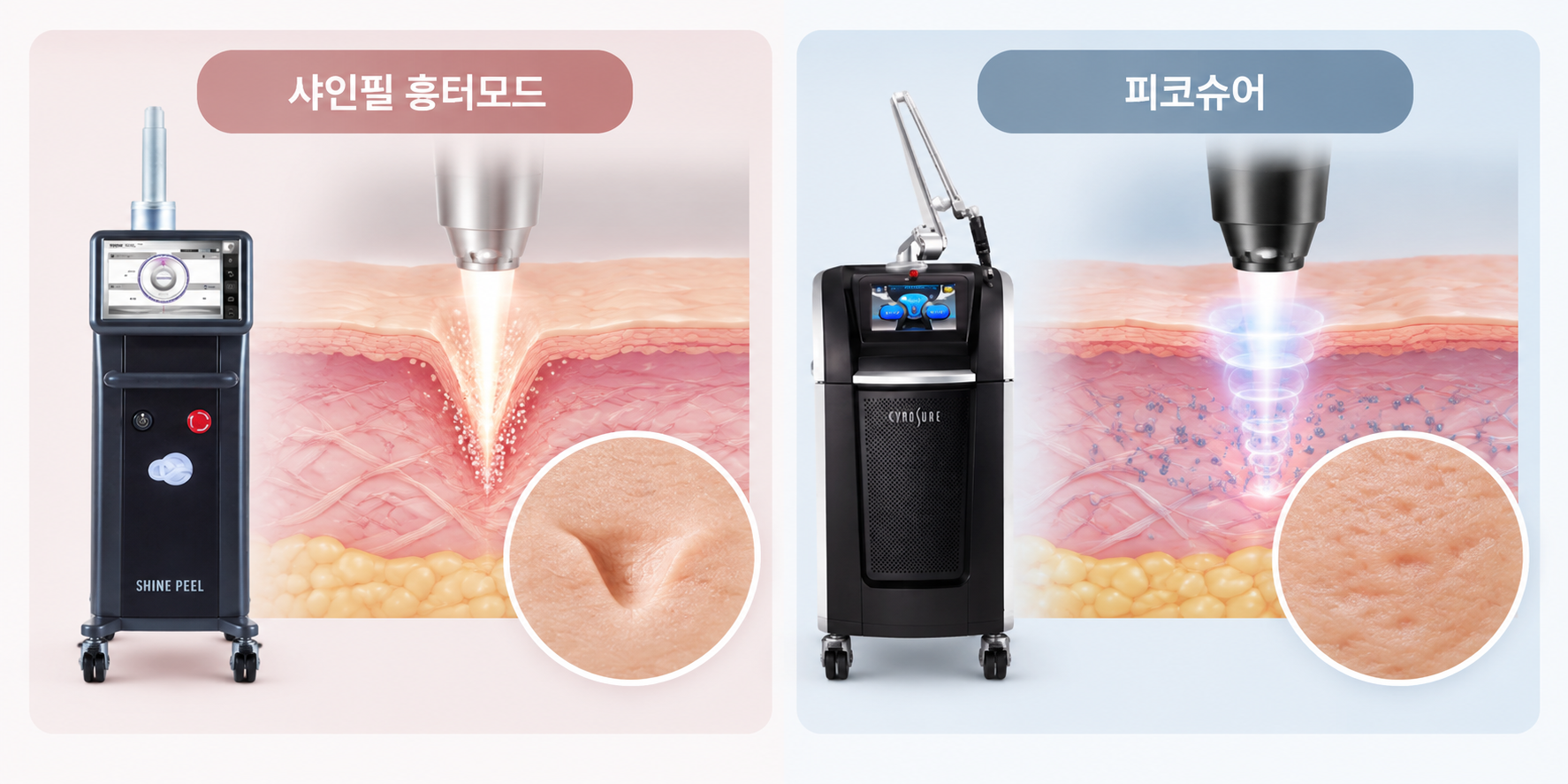 샤인필 흉모드와 피코슈어를 이용한 여드름흉터 시술 원리 비교
