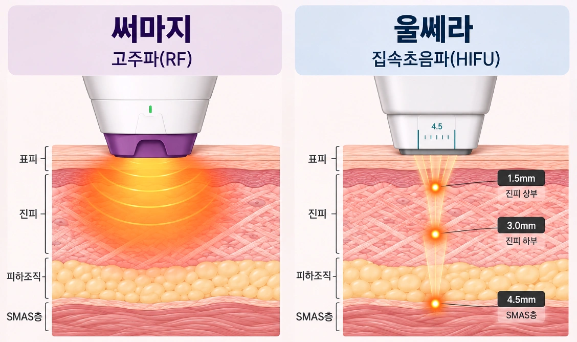 써마지 고주파(RF)와 울쎄라 집속초음파(HIFU)의 에너지 전달 방식 및 피부 작용 깊이 비교 이미지