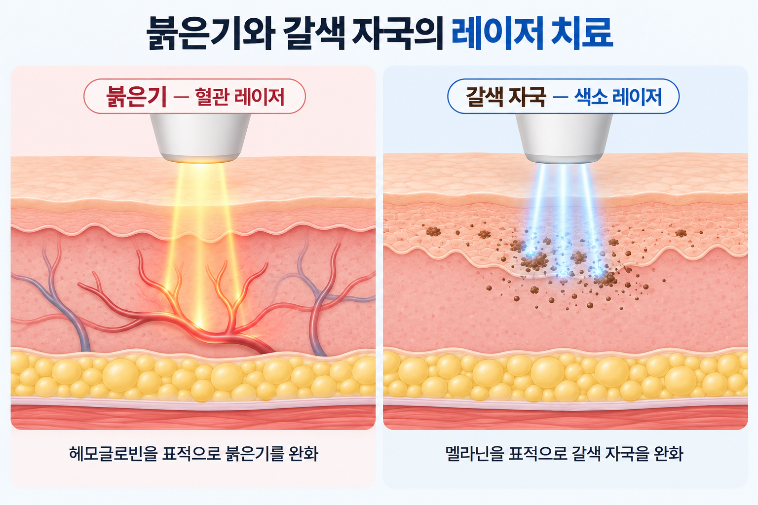 혈관의 헤모글로빈을 표적으로 하는 레이저와 멜라닌을 표적으로 하는 레이저의 작용 비교