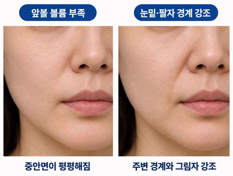 앞볼 볼륨 부족과 눈밑·팔자 경계가 두드러지는 얼굴 특징을 비교한 이미지