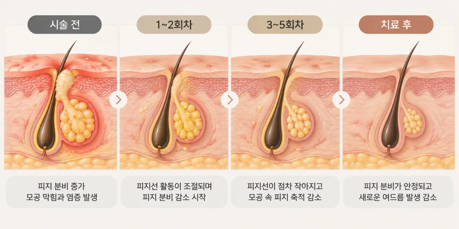 [이미지: 골드PTT 시술 회차에 따라 피지선 크기와 피지 분비량이 감소하고 여드름