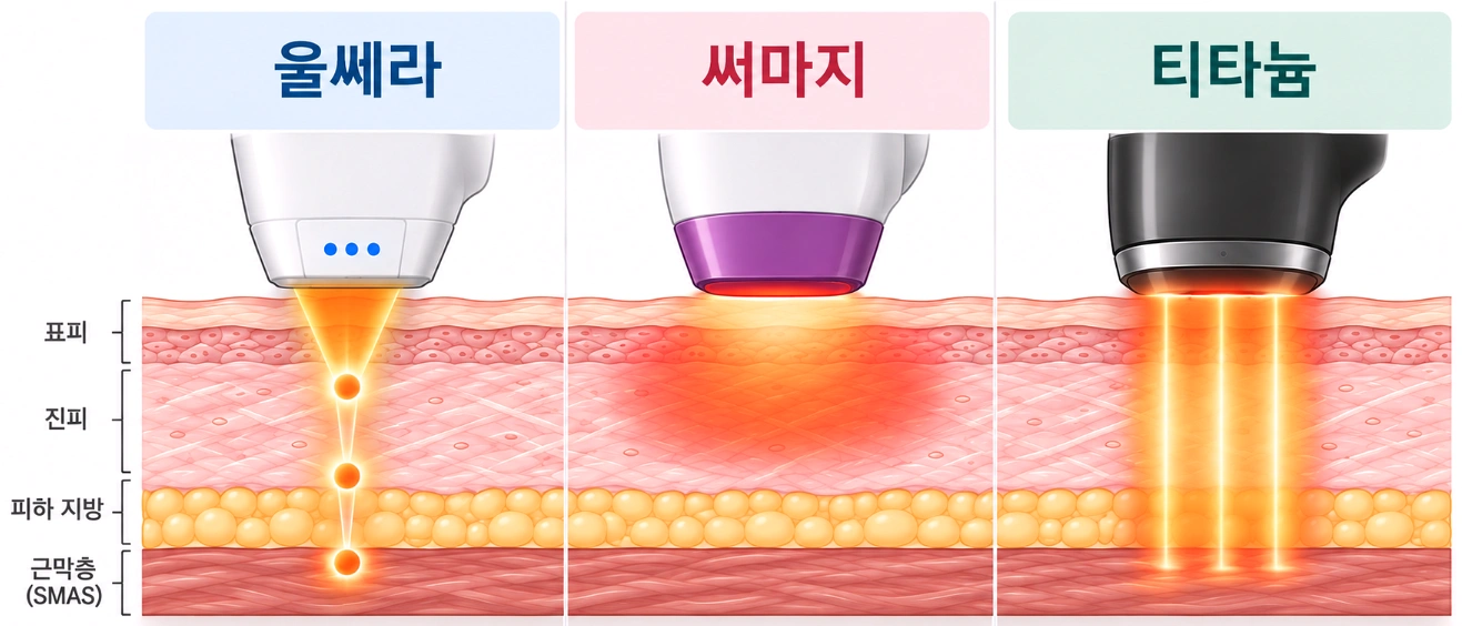 울쎄라 초음파, 써마지 고주파, 티타늄 레이저의 피부층별 에너지 전달 방식을 비교한 단면도
