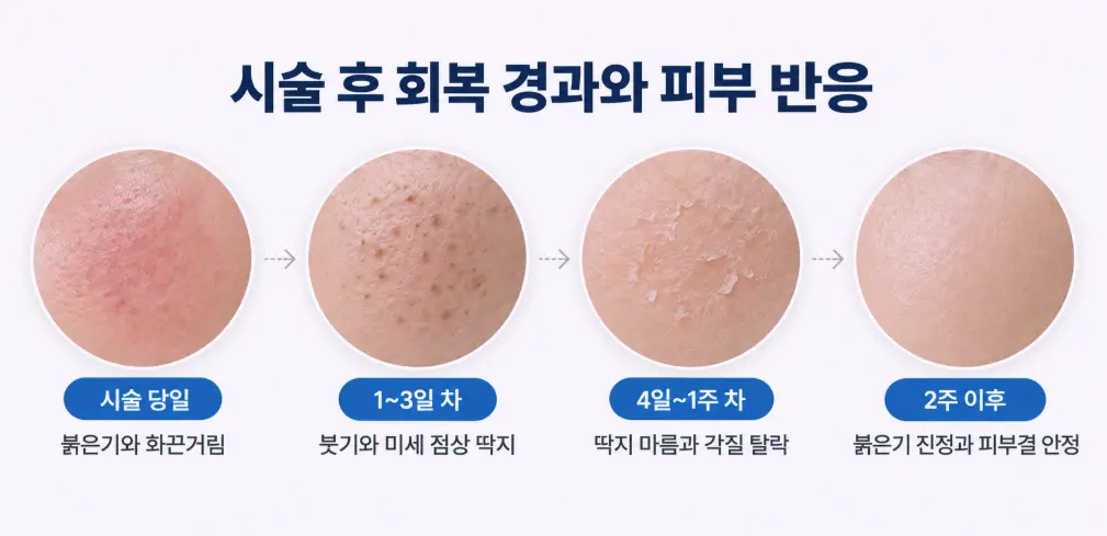 흉터 제거 레이저 시술 당일부터 2주 이후까지 시기별 피부 반응 변화를 보여주는 타임라인
