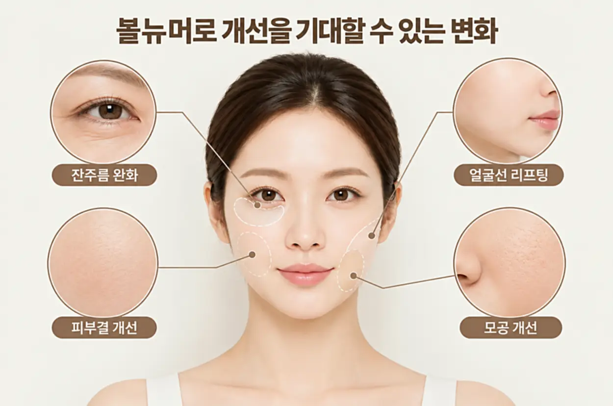 볼뉴머 전후 피부 탄력 개선, 잔주름 완화, 흐릿해진 턱선과 피부결 정돈