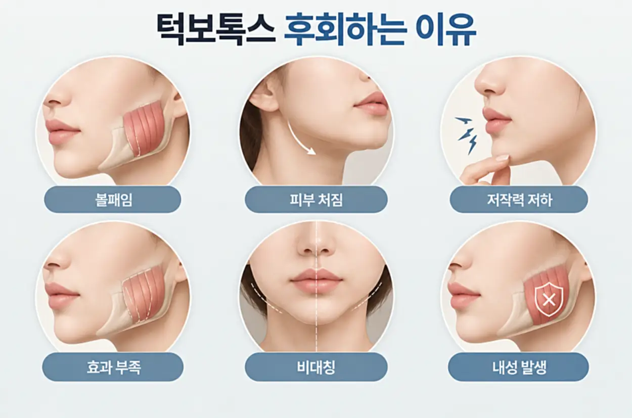 턱보톡스 시술 후 후회하는 6가지 이유인 볼패임, 피부 처짐, 저작력 저하, 효과 부족, 비대칭, 내성 발생을 설명한 인포그래픽