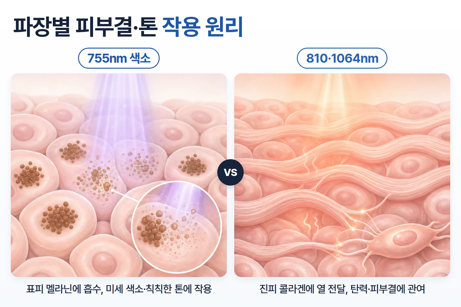 755nm는 표피 멜라닌에, 810·1064nm는 진피 콜라겐에 작용하는 원리를 확대한 일러스트