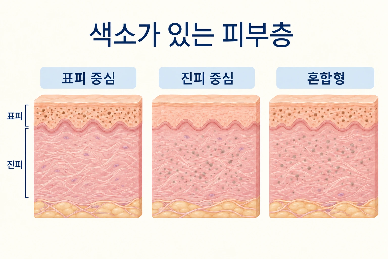 표피, 진피, 두 층에 걸친 색소 분포를 동일 배율로 비교한 피부 단면 모식도