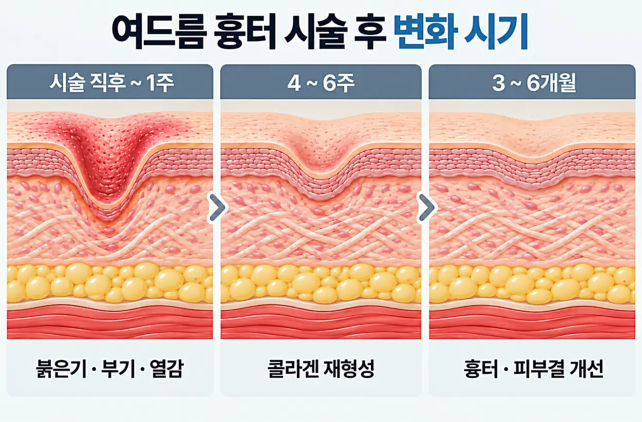여드름 흉터 시술 직후부터 4~6주, 3~6개월까지 콜라겐 재형성과 흉터 깊이 및 피부결 변화를 비교한 피부 단면 이미지