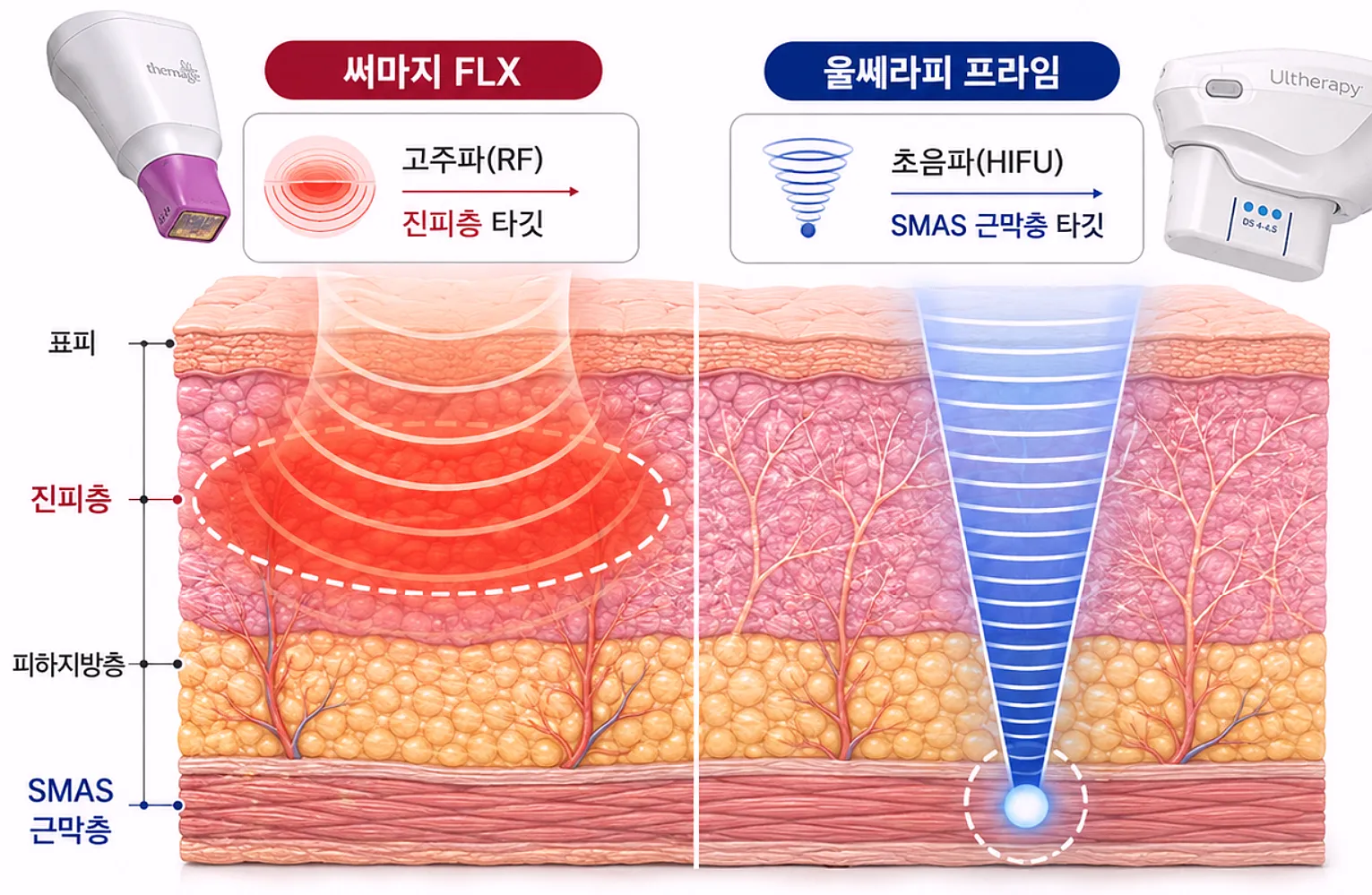 울쎄라 써마지 차이 피부 침투 깊이 SMAS 근막층과 진피층 비교 인포그래픽