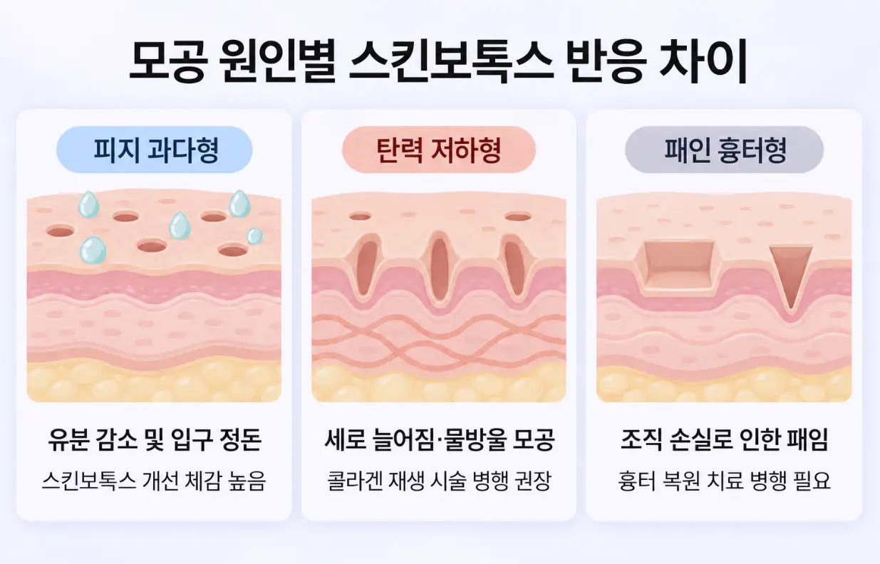 피지 과다형, 탄력 저하형, 패인 흉터형 등 3가지 모공 원인별 피부 단면과 스킨보톡스 개선 효과 차이 인포그래픽