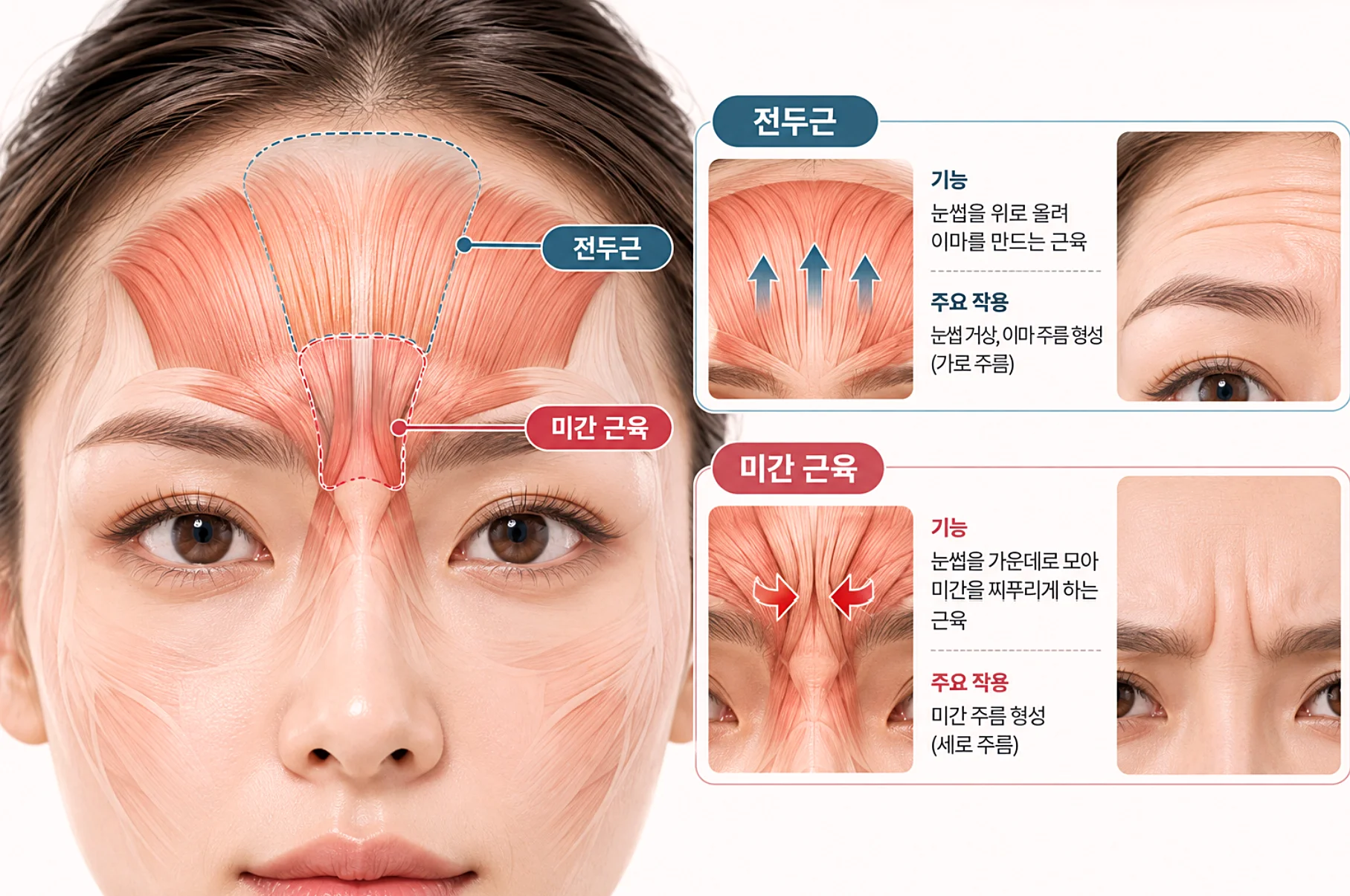 보톡스 주입 위치와 용량에 따른 이마 전두근 및 미간 근육의 작용 차이