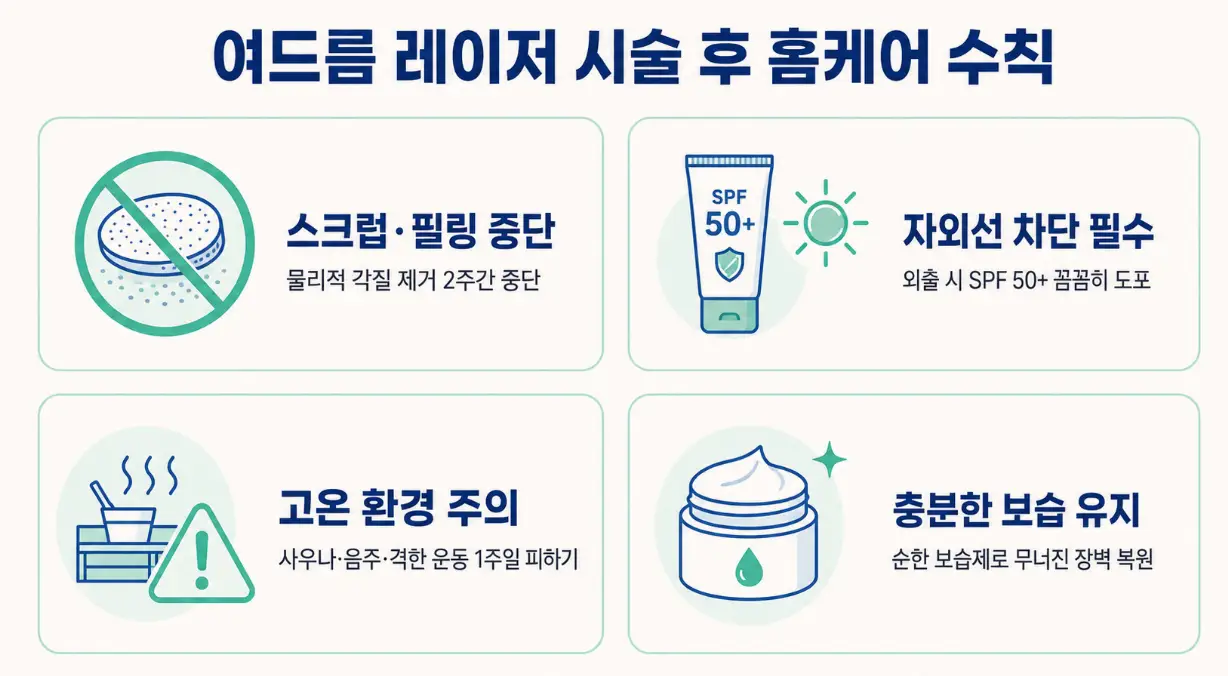 스크럽 필링 중단과 자외선 차단 및 고온 환경 주의와 보습 유지를 안내하는 여드름 레이저 시술 후 홈케어 수칙표