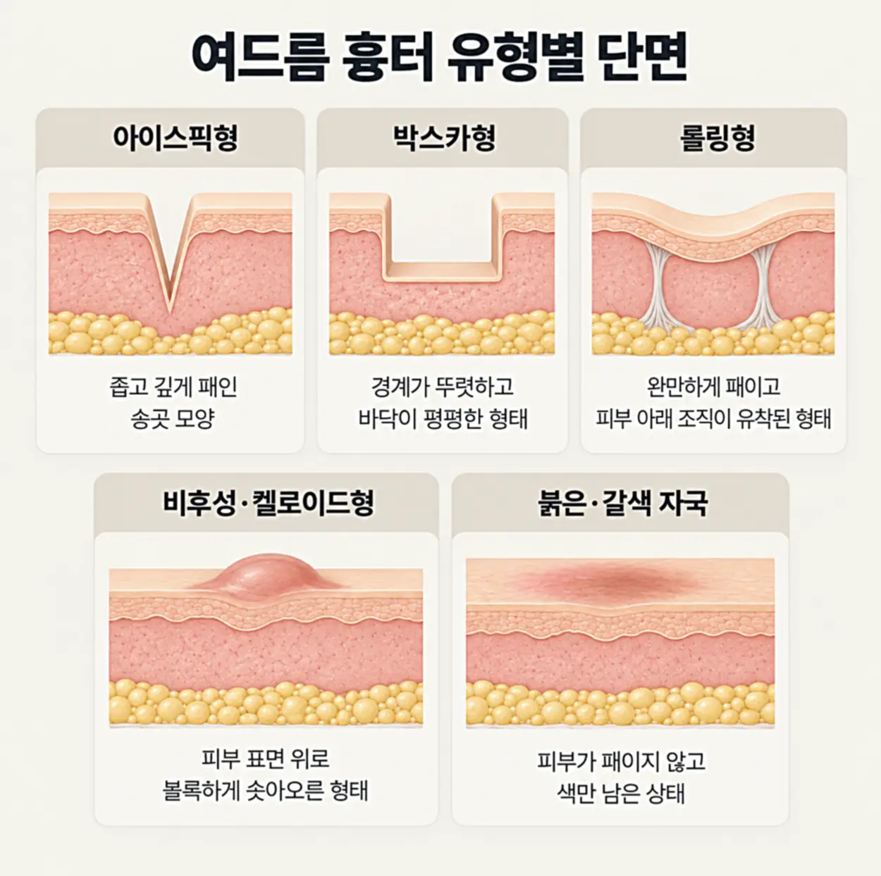 아이스픽형, 박스카형, 롤링형, 비후성·켈로이드형 여드름 흉터와 붉은·갈색 자국의 피부 단면 및 형태를 비교한 이미지