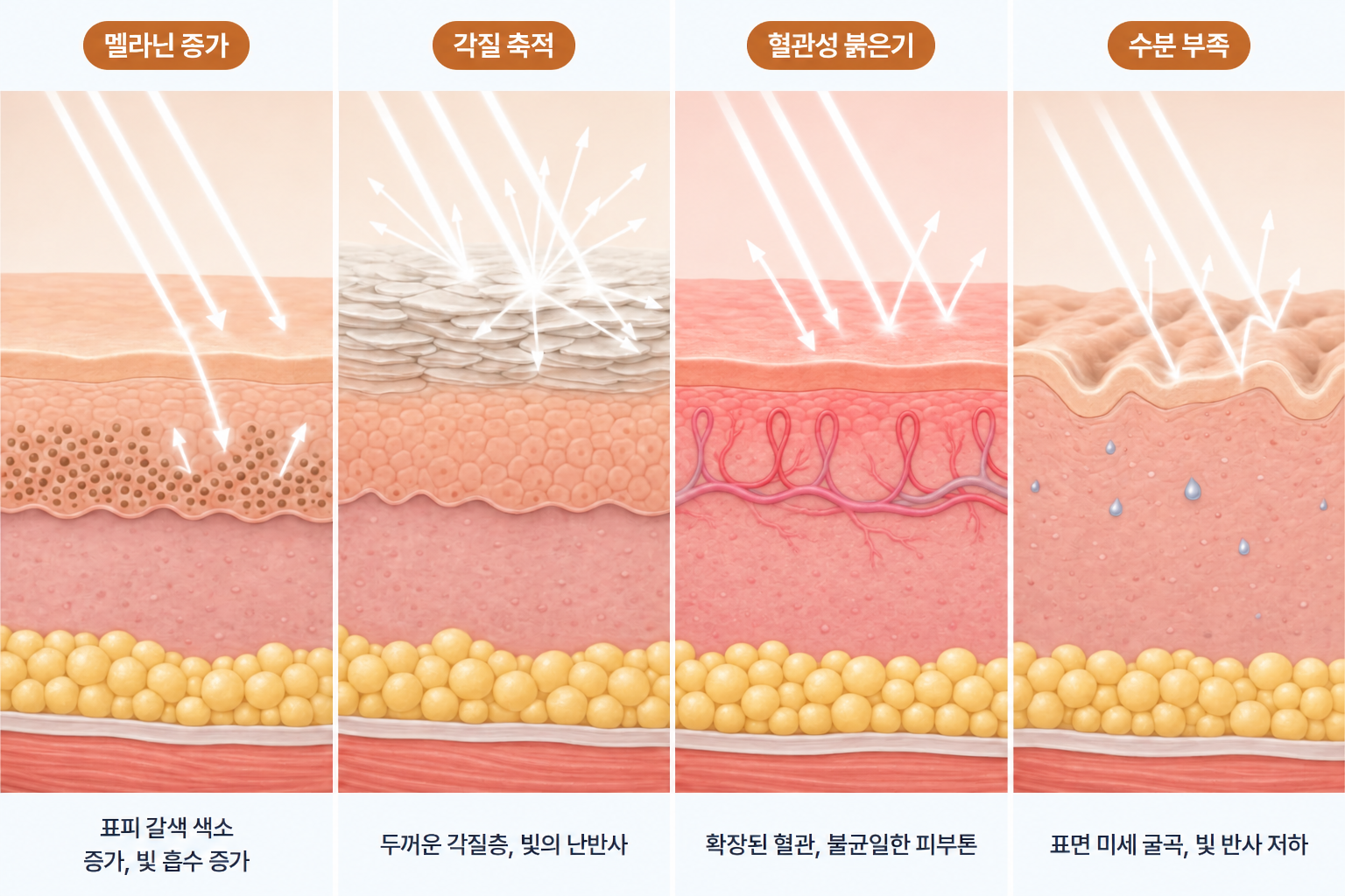 멜라닌 증가 각질 축적 혈관성 붉은기 수분 부족에 따른 피부톤 차이 단면도