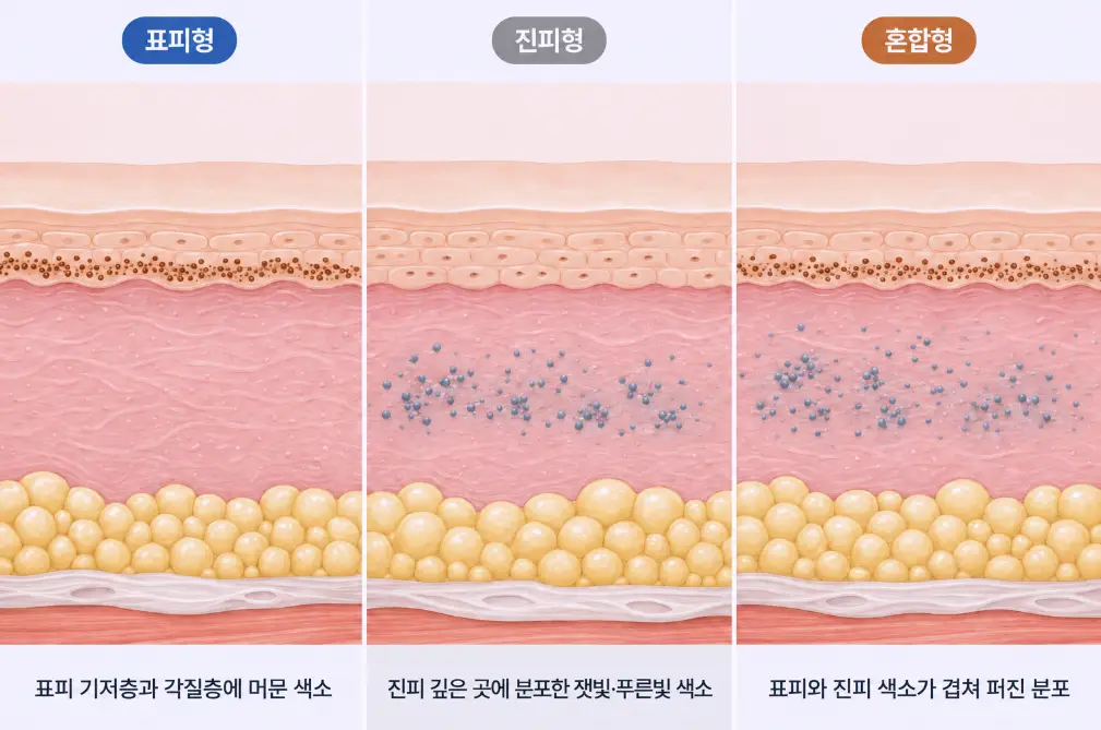 표피 기저층, 진피 깊은 층, 표피와 진피가 겹친 혼합형 색소의 깊이와 분포 차이를 비교한 피부 단면 모식도