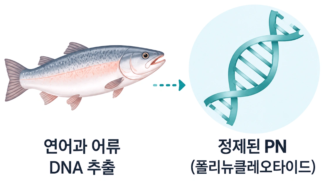 연어류 유래 DNA에서 PN(폴리뉴클레오타이드) 성분을 추출하고 정제하는 과정을 나타낸 이미지
