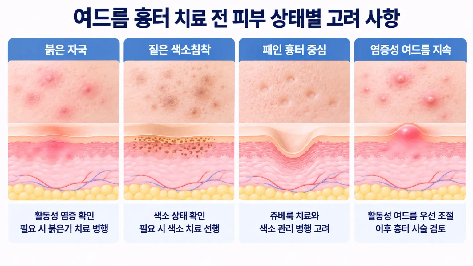 여드름 흉터 치료 전 붉은 자국, 색소침착, 패인 흉터, 염증성 여드름의 피부 상태와 치료
