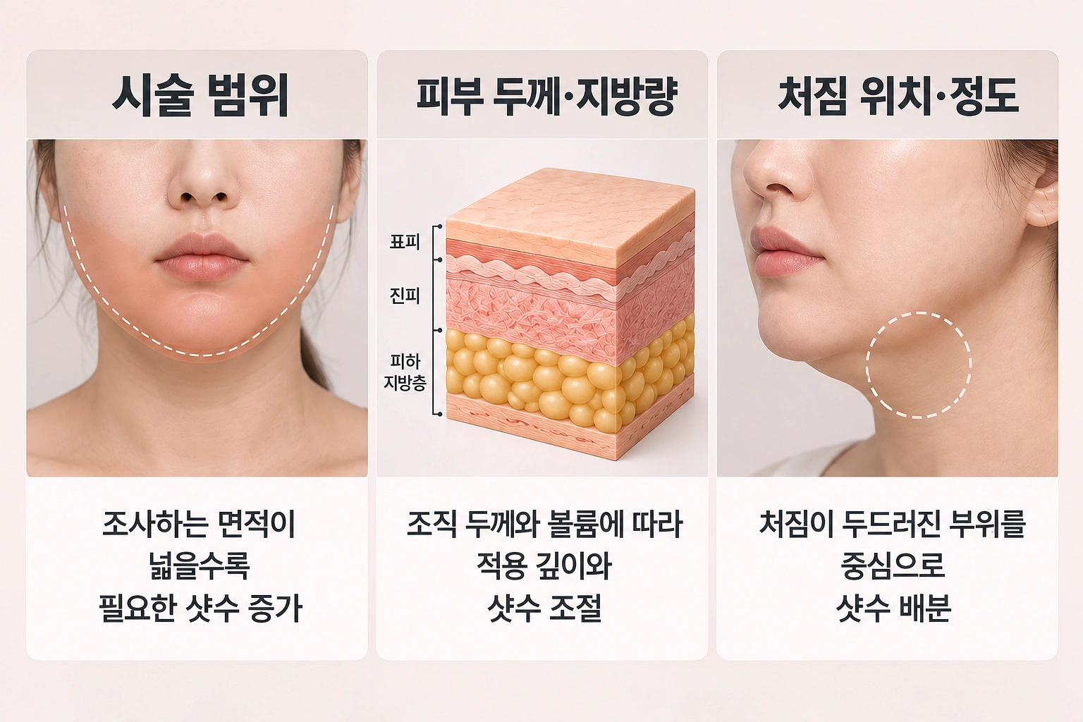 시술 범위·피부 두께·지방량·처짐 정도에 따른 턱 리프팅 샷수 기준