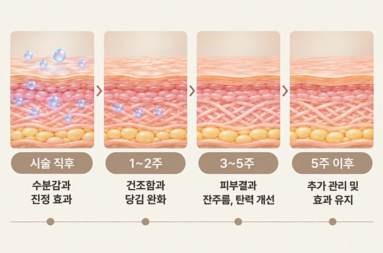 LDM이란 시술의 효과 시점을 나타낸 피부 단면도, 시술 직후 수분감과 진정부터 1~2주 건조함 완화, 3~5주 피부결·탄력 변화, 5주 이후 추가 관리까지