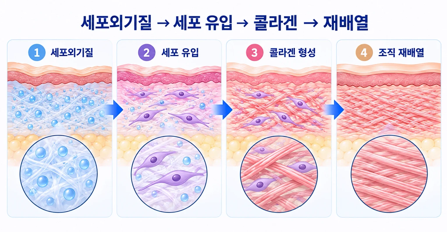 시술 직후 콜라겐 수축부터 새 콜라겐 형성, 재배열, 탄력 변화 관찰까지 시기별로 나타낸 흐름