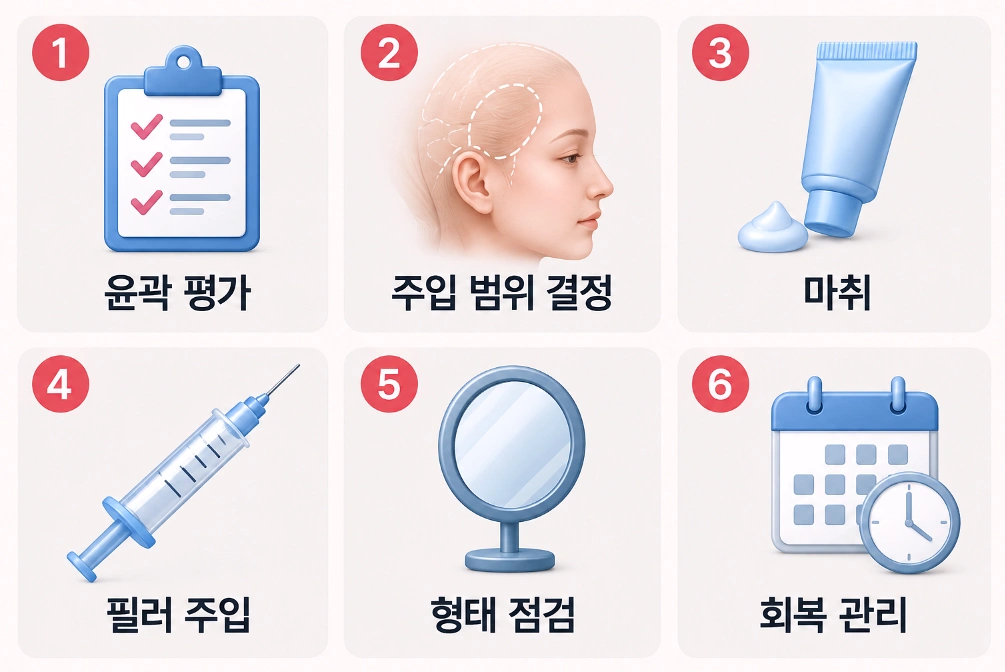 관자필러 시술 전 윤곽 평가부터 주입 범위 결정, 마취, 필러 주입, 형태 점검, 회복 관리까지 6단계 과정