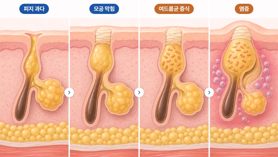 피지 과다에서 모공 막힘·여드름균 증식·염증으로 진행되는 여드름 발생 과정 단면도