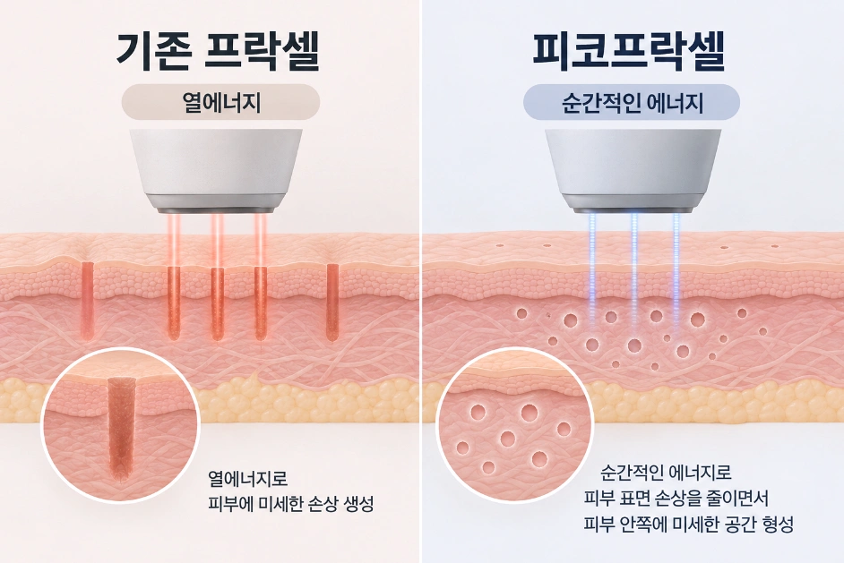 열 손상 중심의 기존 프락셀과 미세 충격 방식 피코프락셀을 같은 배율로 비교한 단면도