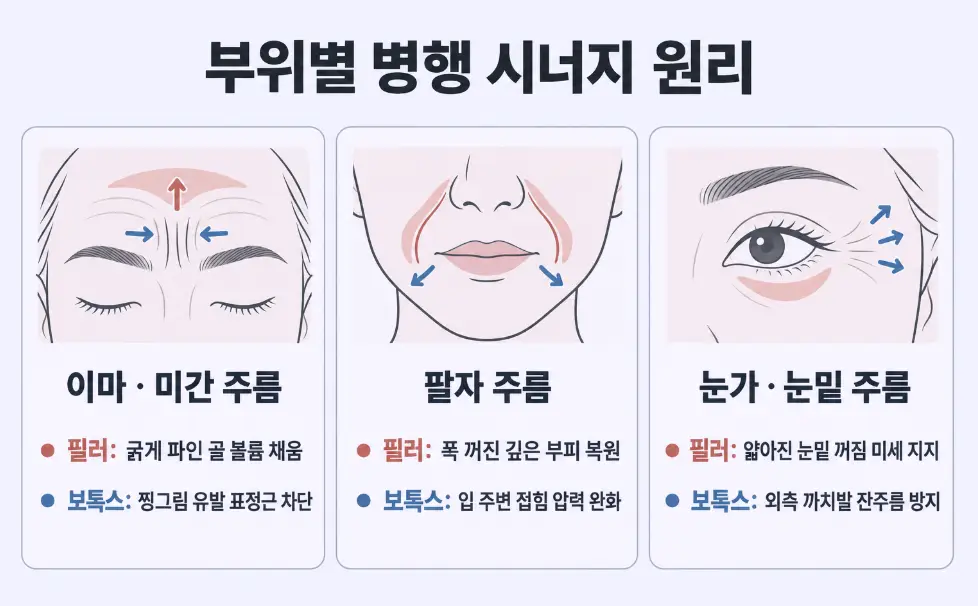 이마 미간 팔자 눈가 부위별 필러 보톡스 병행 시너지 효과 및 작용 원리