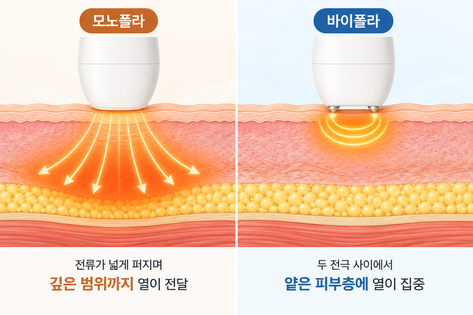 모노폴라는 깊고 넓게, 바이폴라는 얕은 피부층에 집중되는 고주파 열 전달 범위 비교