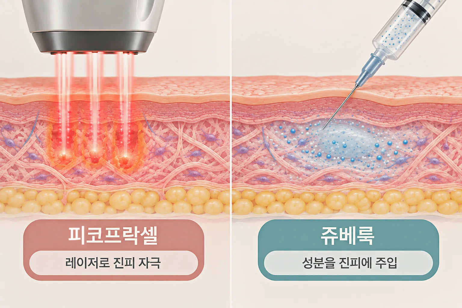 피코프락셀 점 단위 조사와 쥬베룩 범위 주입 비교