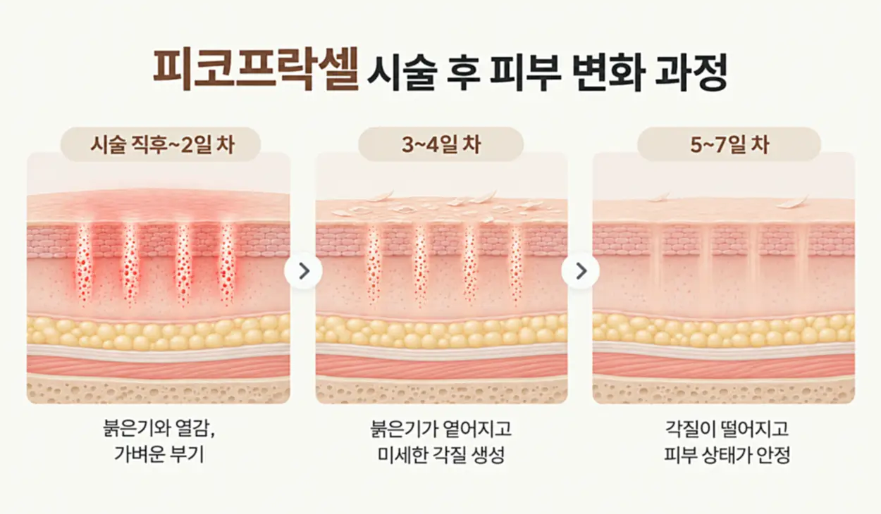 피코프락셀 시술 후 피부 변화 과정을 설명하는 단면도
