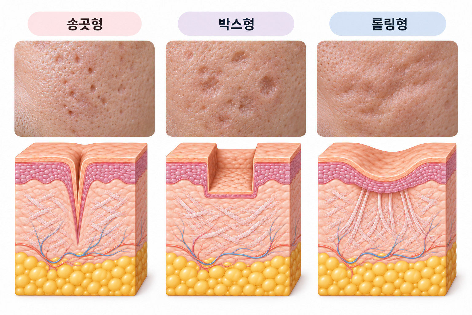 송곳형 박스형 롤링형 패인 흉터의 피부 표면과 단면 구조 비교