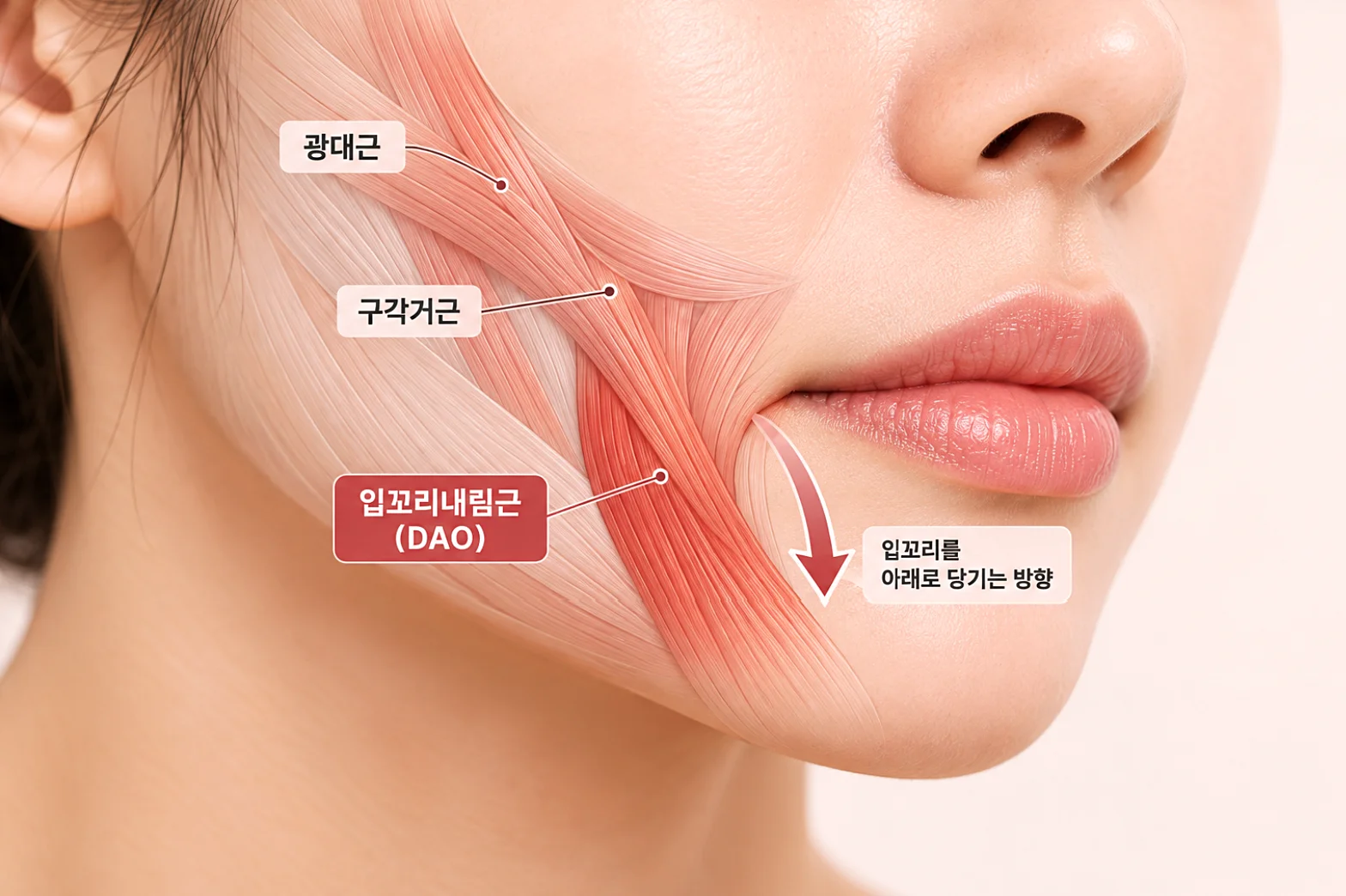 입꼬리내림근의 위치와 입꼬리를 아래로 당기는 방향을 표시한 도식