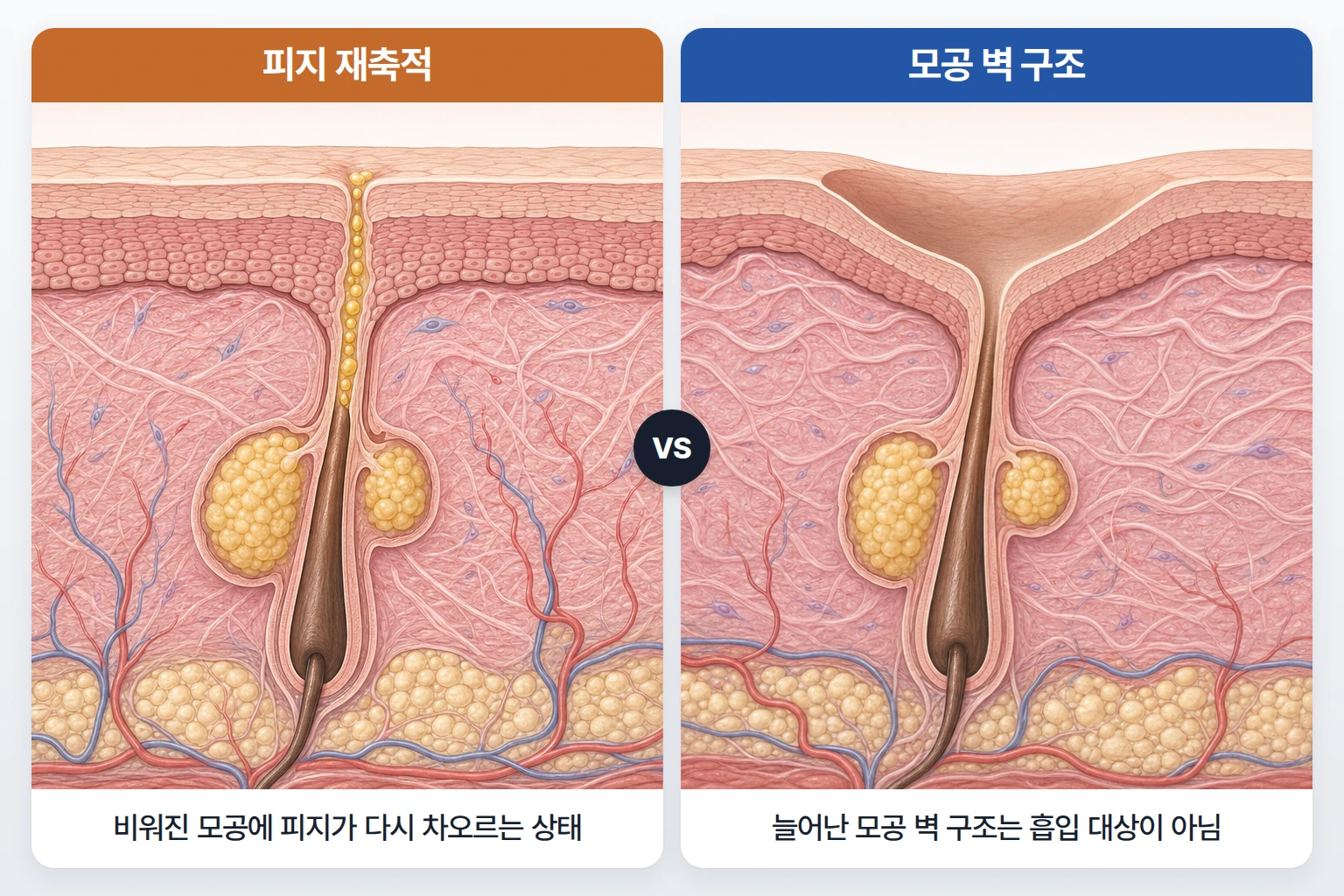 피지가 다시 차오른 모공과 벽이 넓어진 모공을 동일 배율로 비교한 설명용 피부 단면도