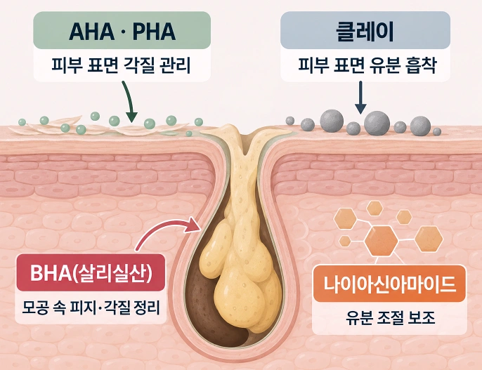 AHA·PHA·BHA와 클레이, 나이아신아마이드가 피부 표면과 모공 속 피지를 관리하는 범위를 비교한 모식도